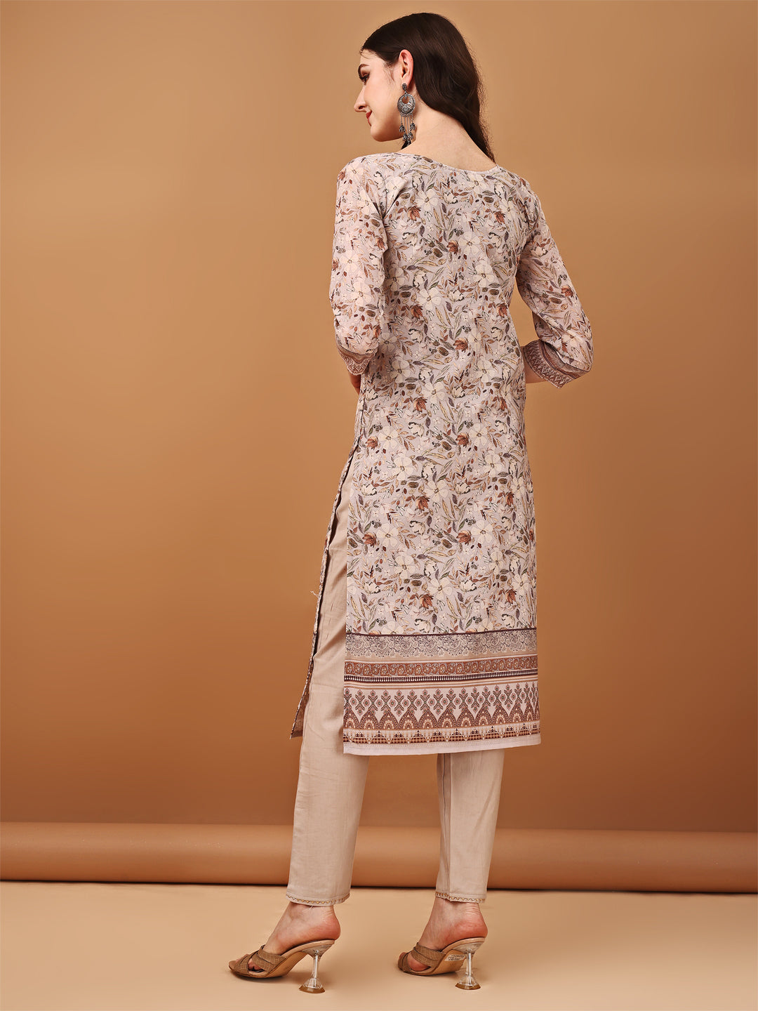 Hand Embroidered,Schiffli & Printed Kurta With Pant & Printed Dupatta, Brown - Hiral Fashion