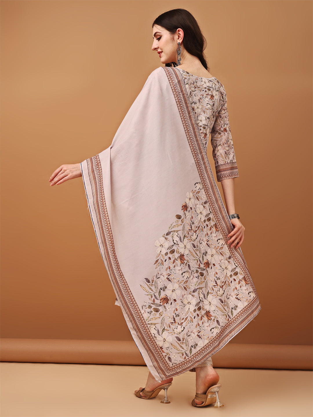 Hand Embroidered,Schiffli & Printed Kurta With Pant & Printed Dupatta, Brown - Hiral Fashion