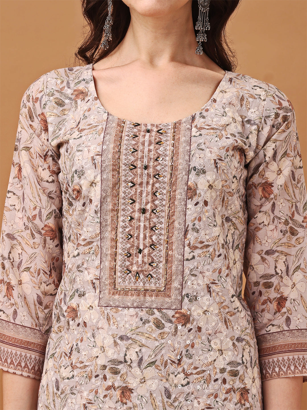 Hand Embroidered,Schiffli & Printed Kurta With Pant & Printed Dupatta, Brown - Hiral Fashion