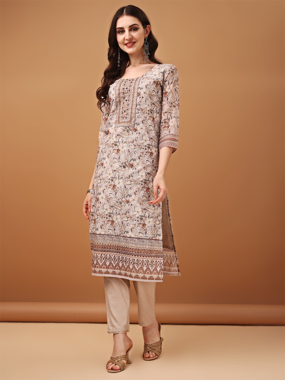 Hand Embroidered,Schiffli & Printed Kurta With Pant & Printed Dupatta, Brown - Hiral Fashion