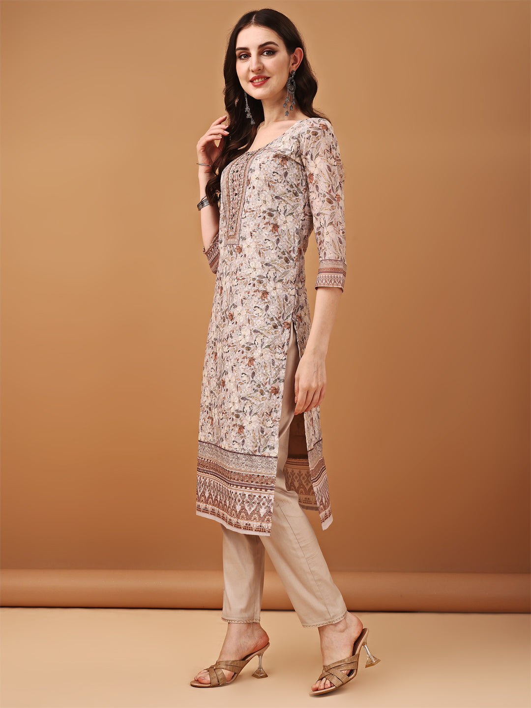 Hand Embroidered,Schiffli & Printed Kurta With Pant & Printed Dupatta, Brown - Hiral Fashion