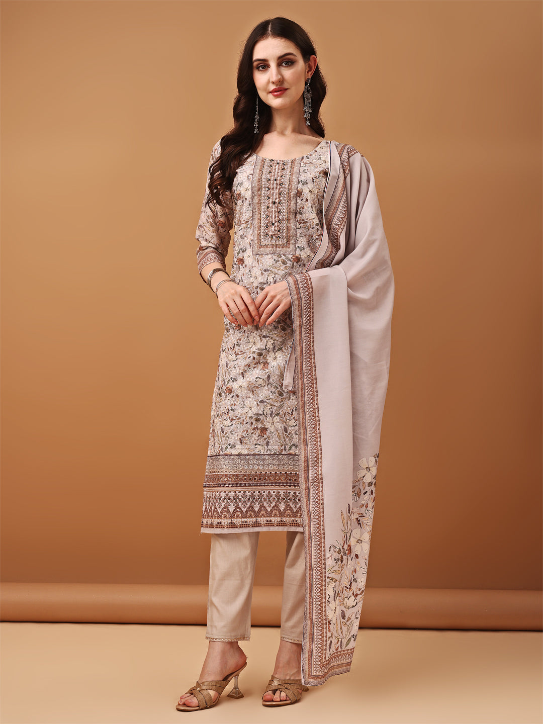 Hand Embroidered,Schiffli & Printed Kurta With Pant & Printed Dupatta, Brown - Hiral Fashion