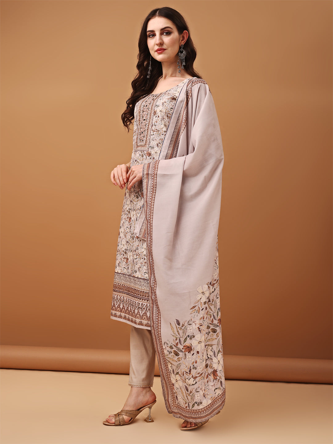 Hand Embroidered,Schiffli & Printed Kurta With Pant & Printed Dupatta, Brown - Hiral Fashion