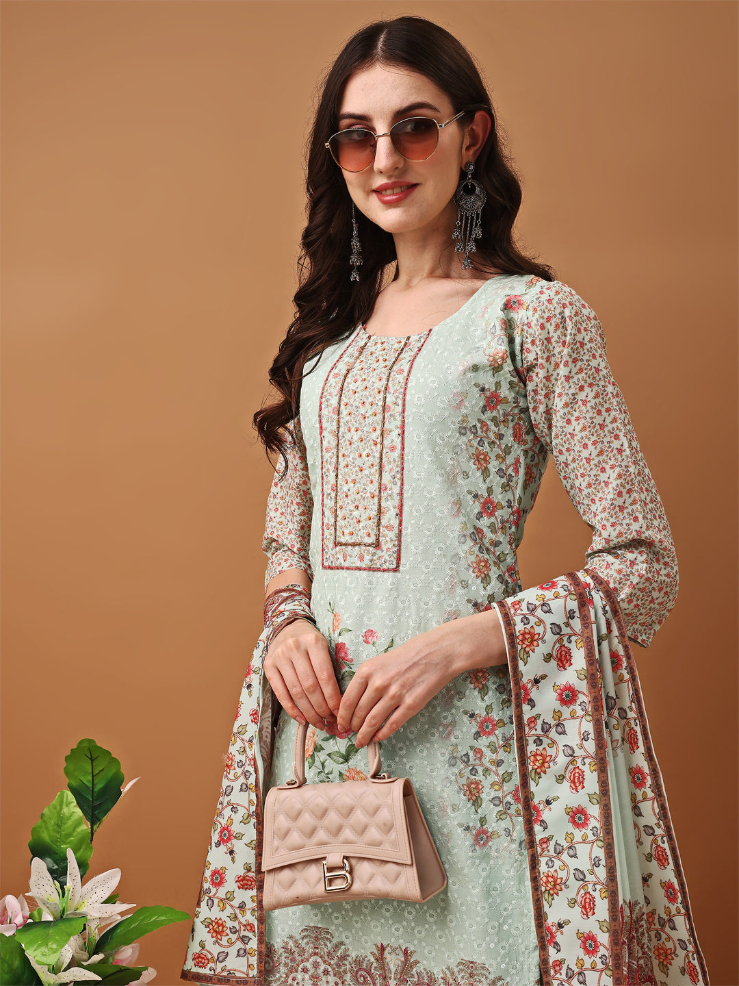 Hand Embroidered,Schiffli & Printed Kurta With Pant & Printed Dupatta, Green - Hiral Fashion