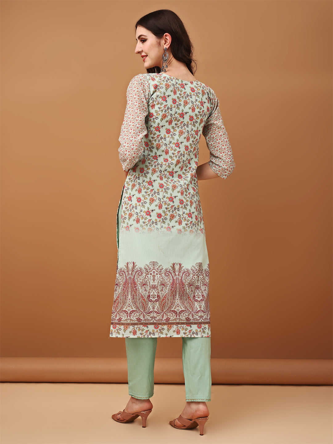 Hand Embroidered,Schiffli & Printed Kurta With Pant & Printed Dupatta, Green - Hiral Fashion