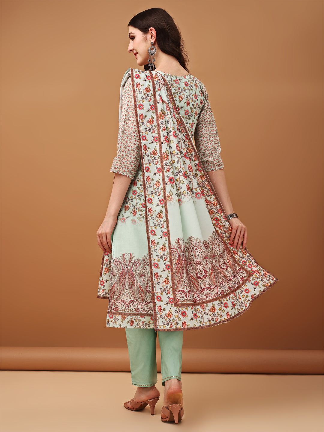 Hand Embroidered,Schiffli & Printed Kurta With Pant & Printed Dupatta, Green - Hiral Fashion