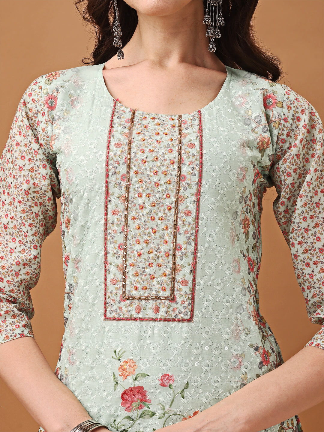 Hand Embroidered,Schiffli & Printed Kurta With Pant & Printed Dupatta, Green - Hiral Fashion