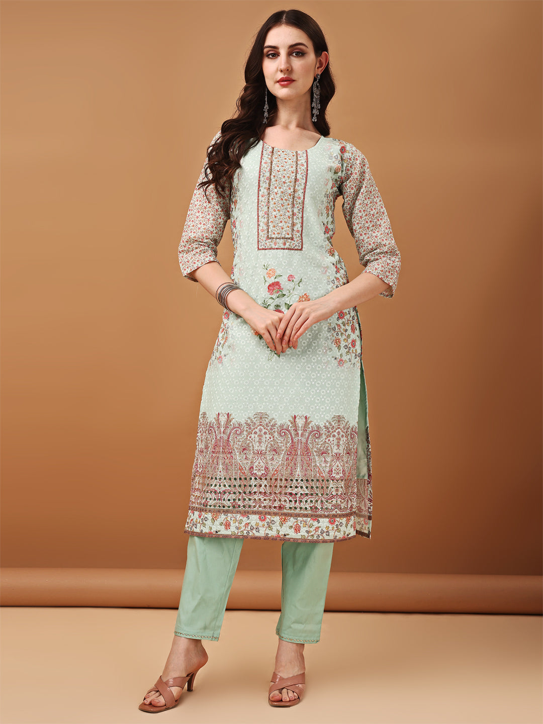 Hand Embroidered,Schiffli & Printed Kurta With Pant & Printed Dupatta, Green - Hiral Fashion