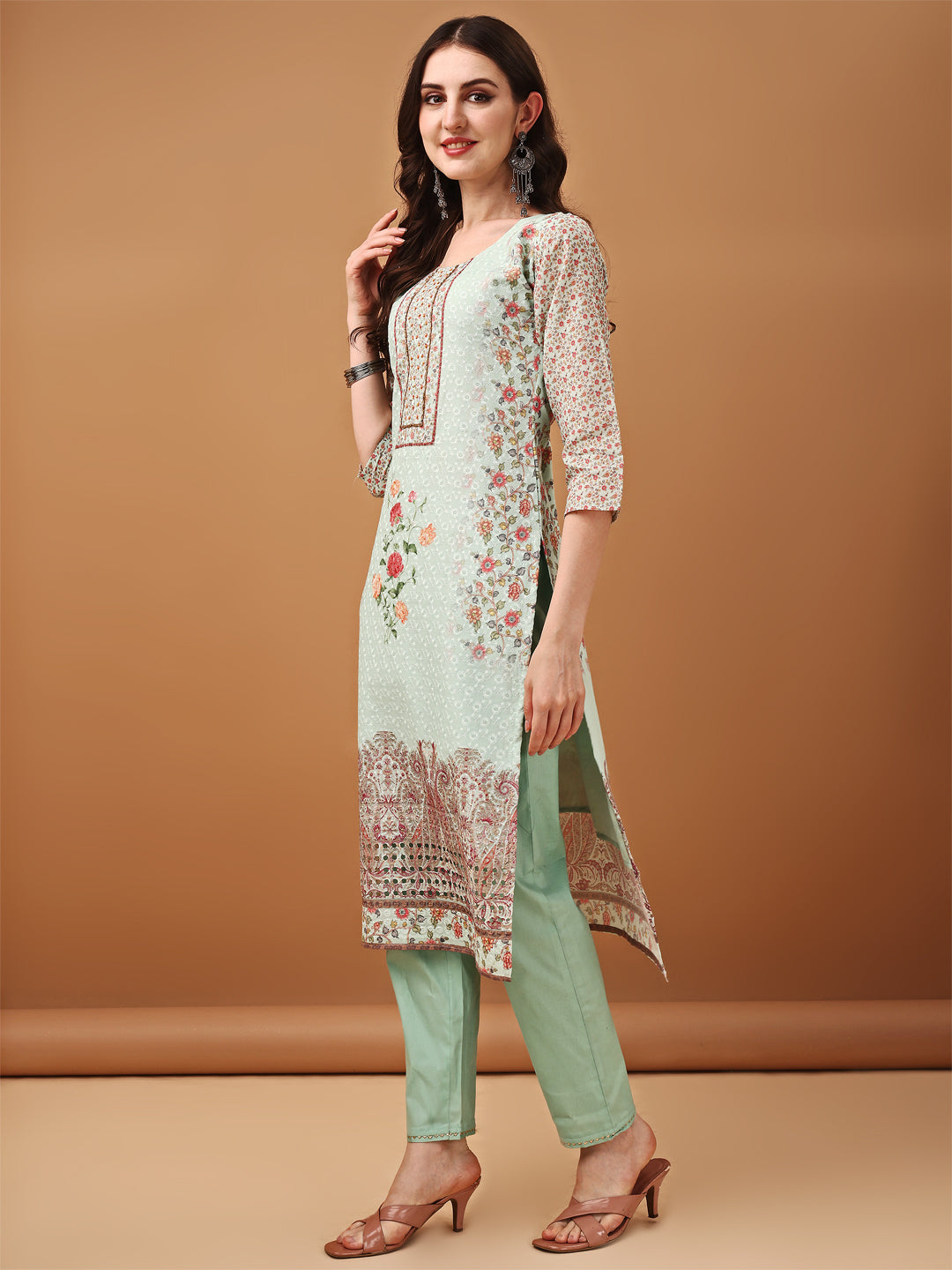 Hand Embroidered,Schiffli & Printed Kurta With Pant & Printed Dupatta, Green - Hiral Fashion