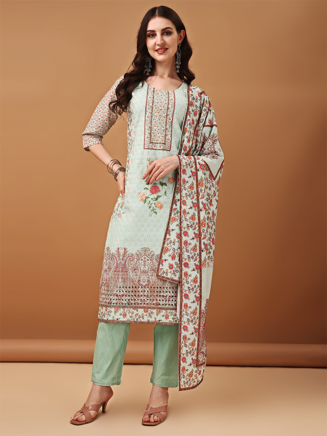 Hand Embroidered,Schiffli & Printed Kurta With Pant & Printed Dupatta, Green - Hiral Fashion