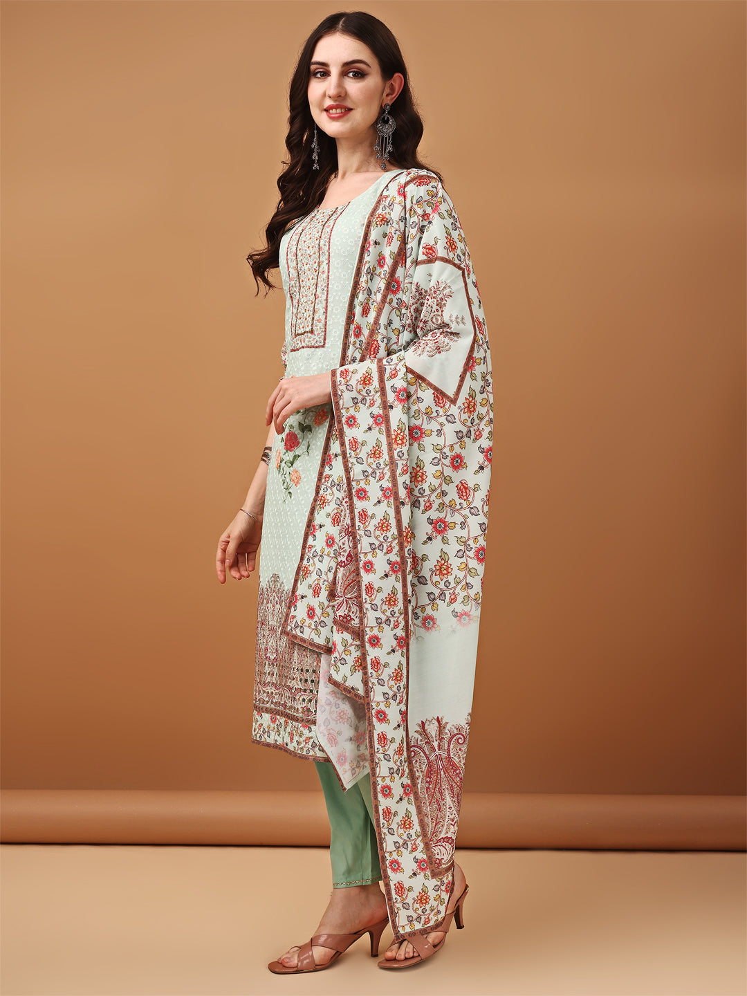 Hand Embroidered,Schiffli & Printed Kurta With Pant & Printed Dupatta, Green - Hiral Fashion