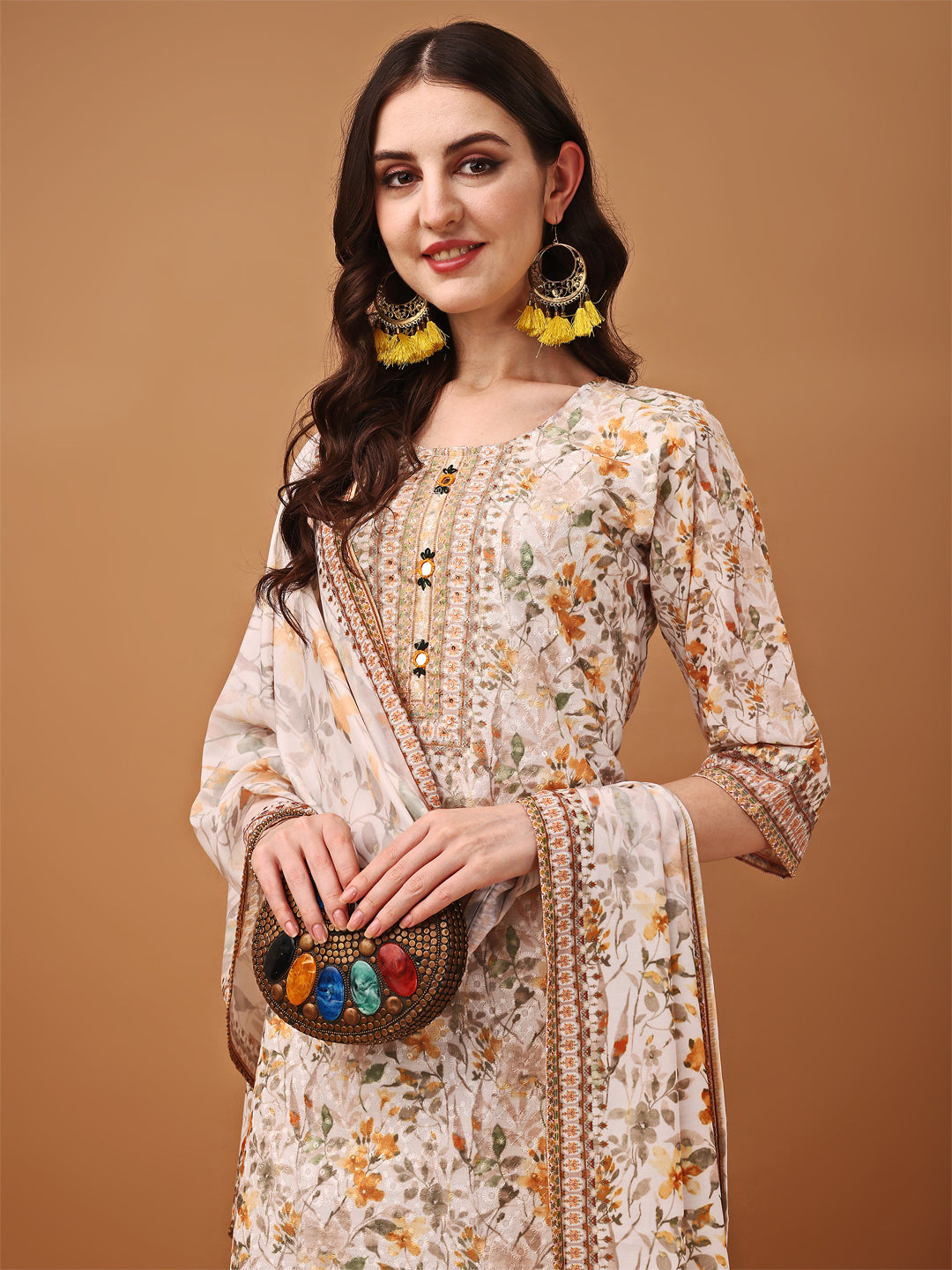 Hand Embroidered,Schiffli & Printed Kurta With Pant & Printed Dupatta, Yellow - Hiral Fashion