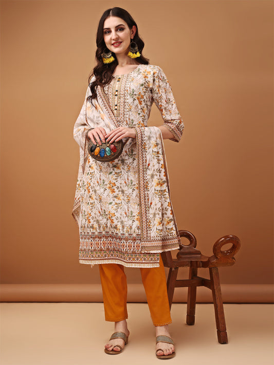 Hand Embroidered,Schiffli & Printed Kurta With Pant & Printed Dupatta, Yellow - Hiral Fashion