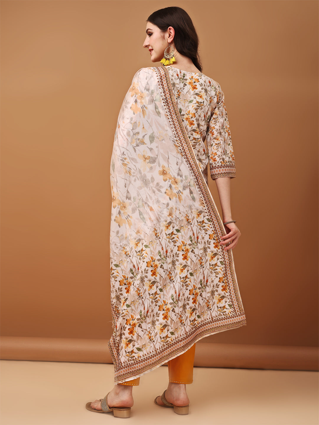 Hand Embroidered,Schiffli & Printed Kurta With Pant & Printed Dupatta, Yellow - Hiral Fashion