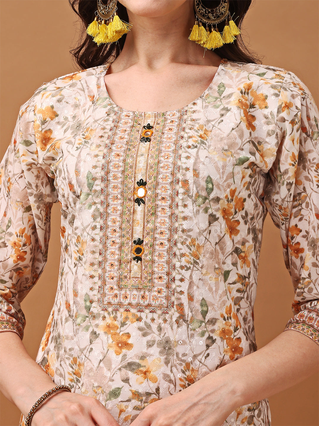 Hand Embroidered,Schiffli & Printed Kurta With Pant & Printed Dupatta, Yellow - Hiral Fashion