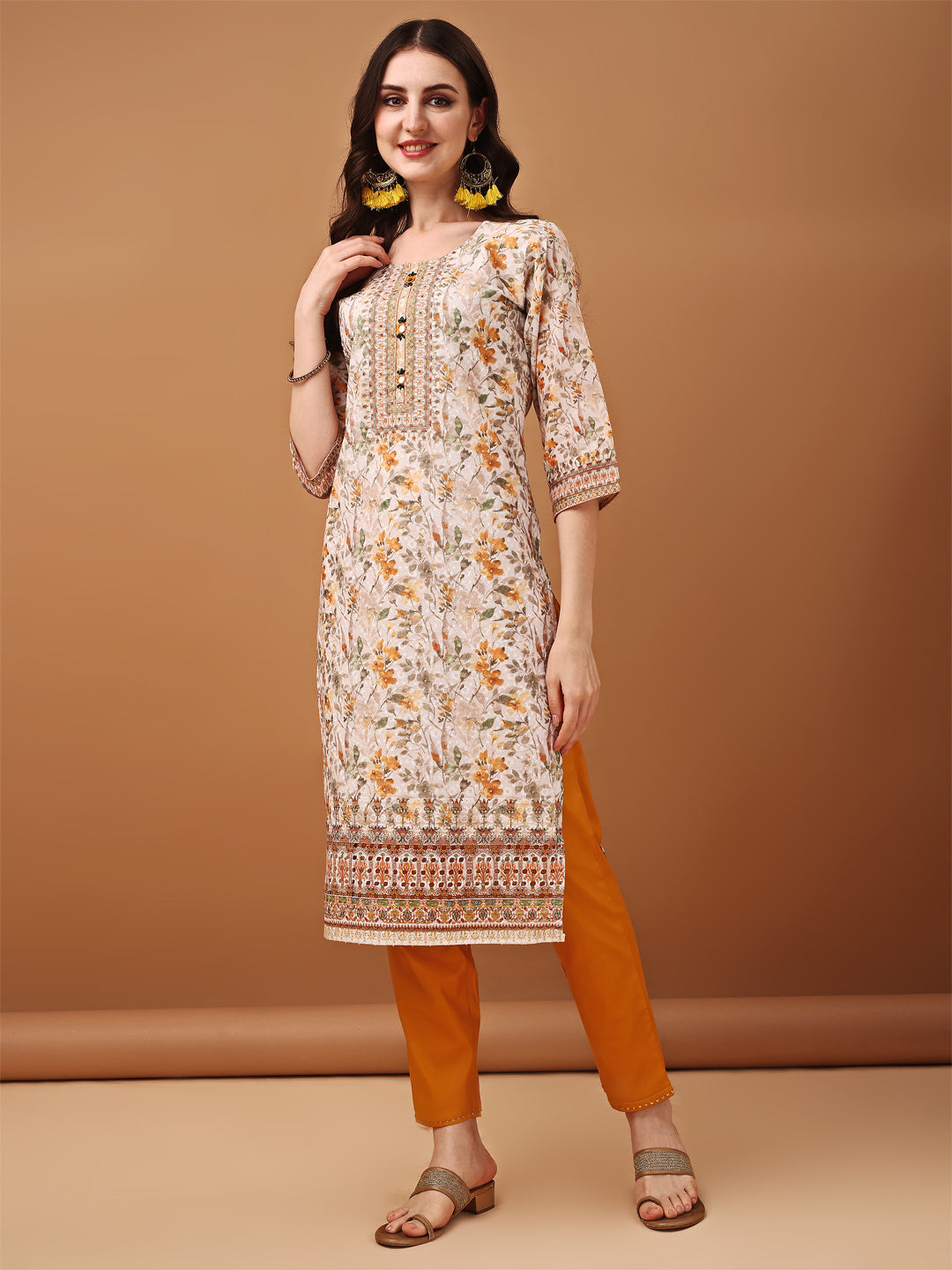 Hand Embroidered,Schiffli & Printed Kurta With Pant & Printed Dupatta, Yellow - Hiral Fashion