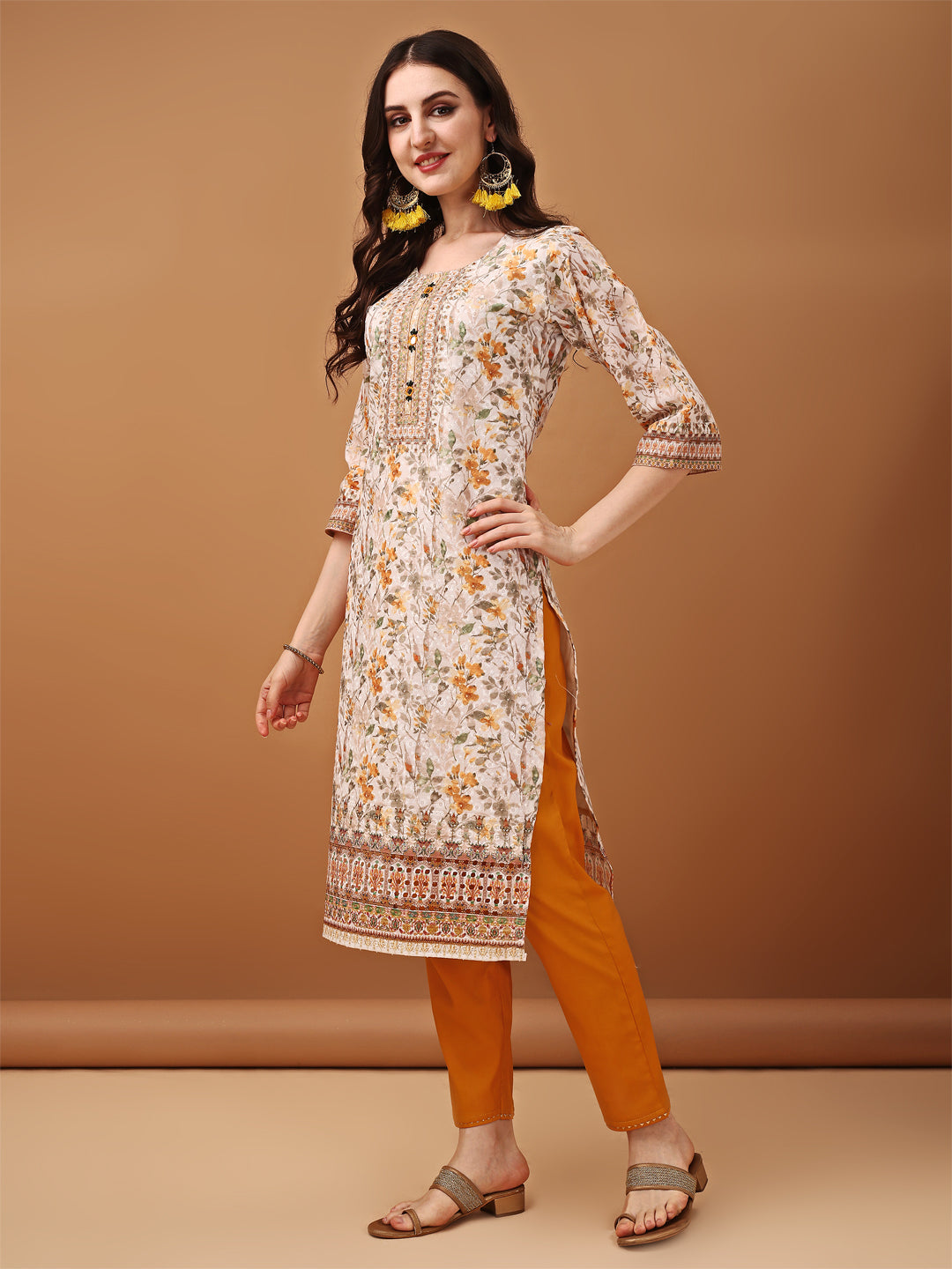 Hand Embroidered,Schiffli & Printed Kurta With Pant & Printed Dupatta, Yellow - Hiral Fashion