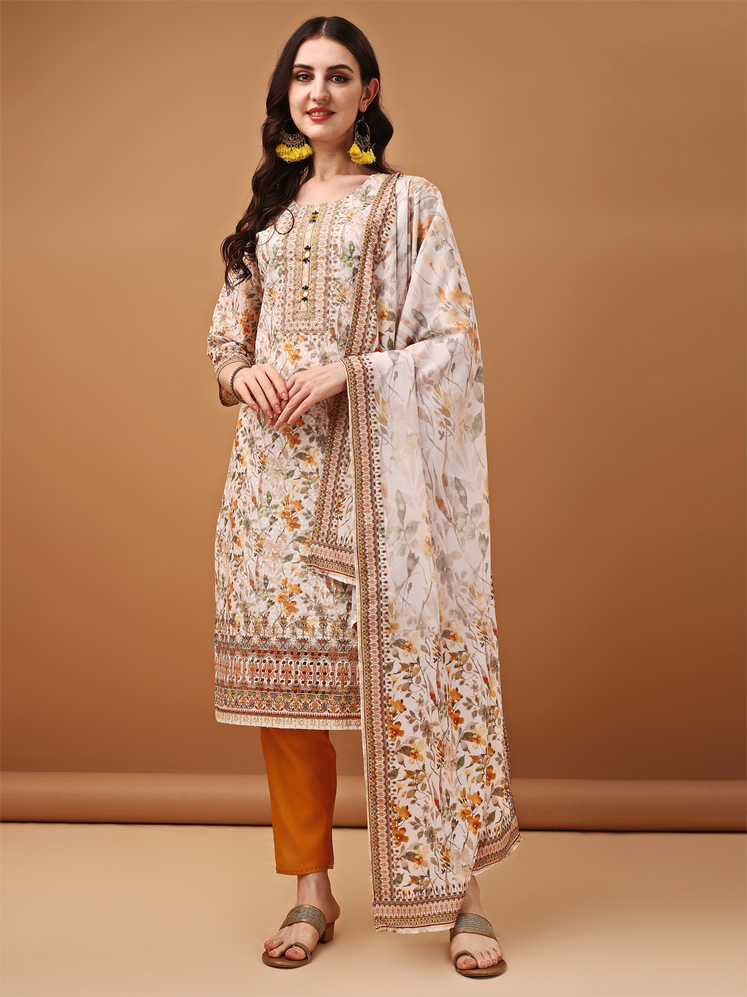 Hand Embroidered,Schiffli & Printed Kurta With Pant & Printed Dupatta, Yellow - Hiral Fashion