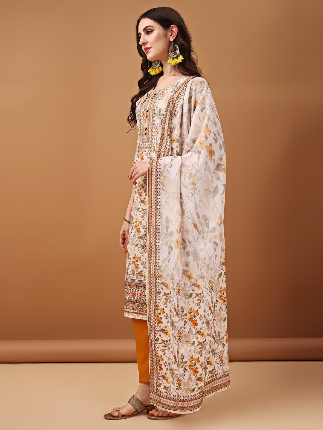 Hand Embroidered,Schiffli & Printed Kurta With Pant & Printed Dupatta, Yellow - Hiral Fashion