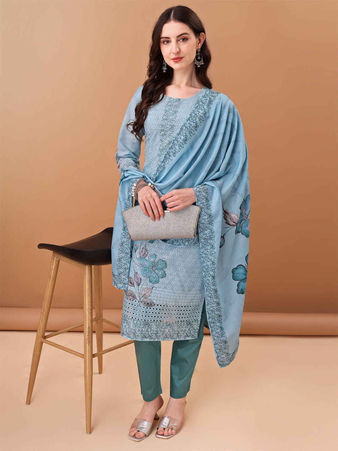 Hand Embroidered,Schiffli & Printed Kurta With Pant & Printed Dupatta, Blue - Hiral Fashion