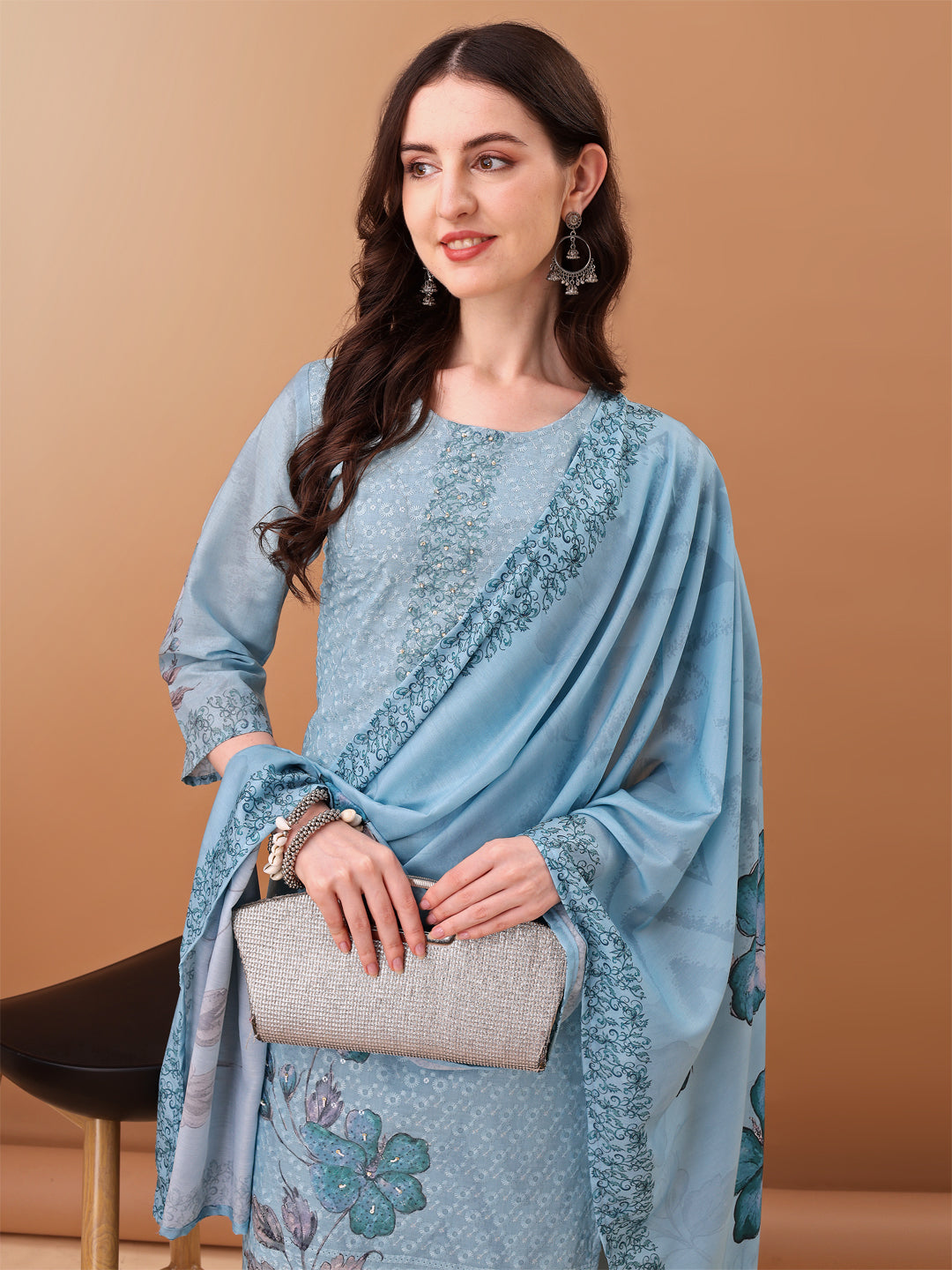 Hand Embroidered,Schiffli & Printed Kurta With Pant & Printed Dupatta, Blue - Hiral Fashion