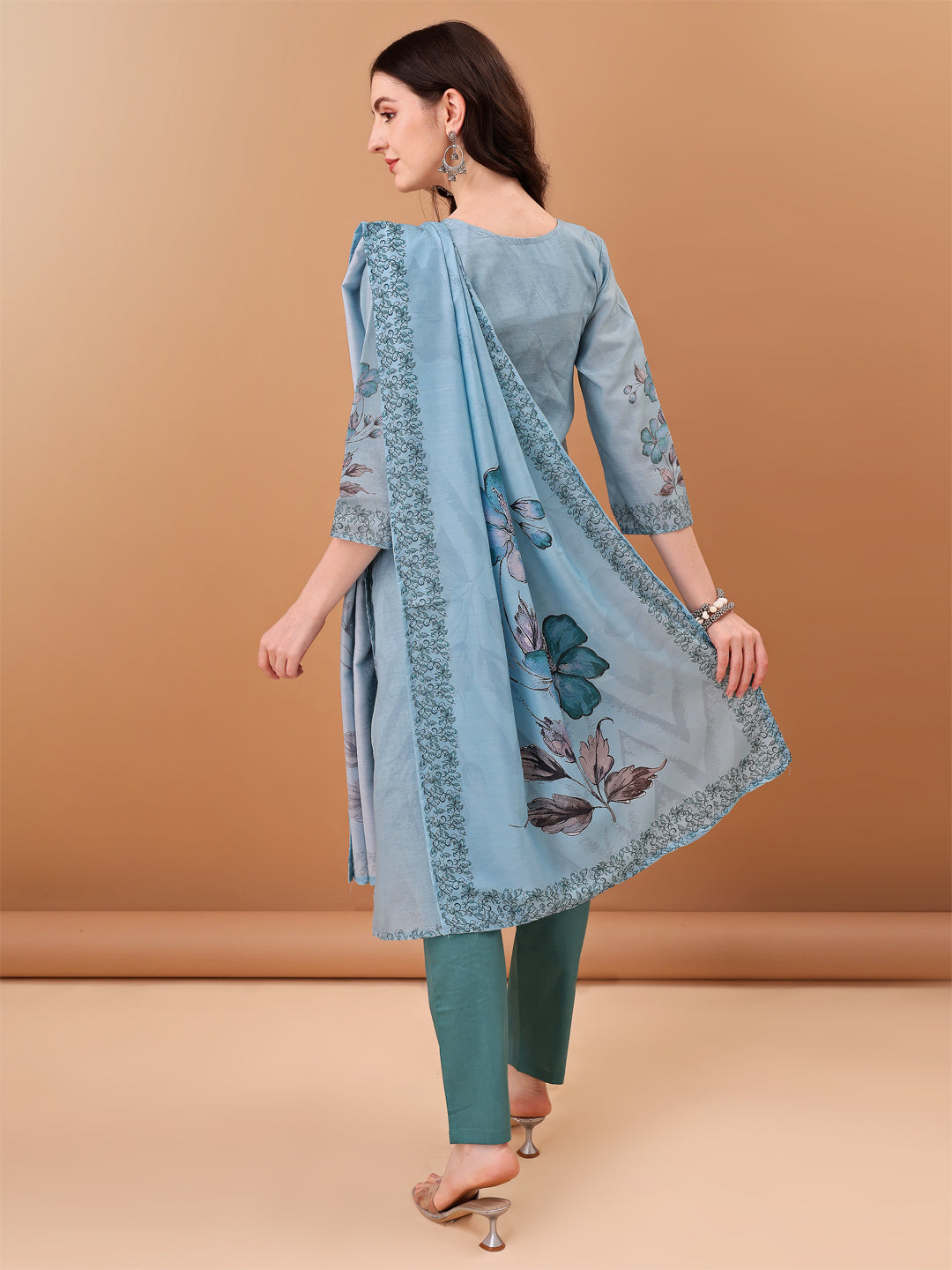 Hand Embroidered,Schiffli & Printed Kurta With Pant & Printed Dupatta, Blue - Hiral Fashion