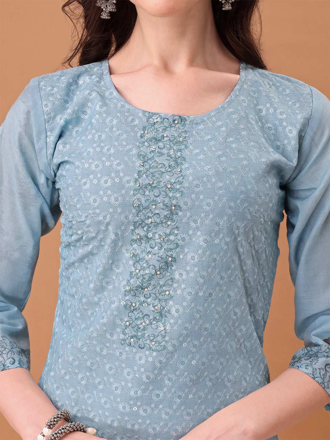 Hand Embroidered,Schiffli & Printed Kurta With Pant & Printed Dupatta, Blue - Hiral Fashion
