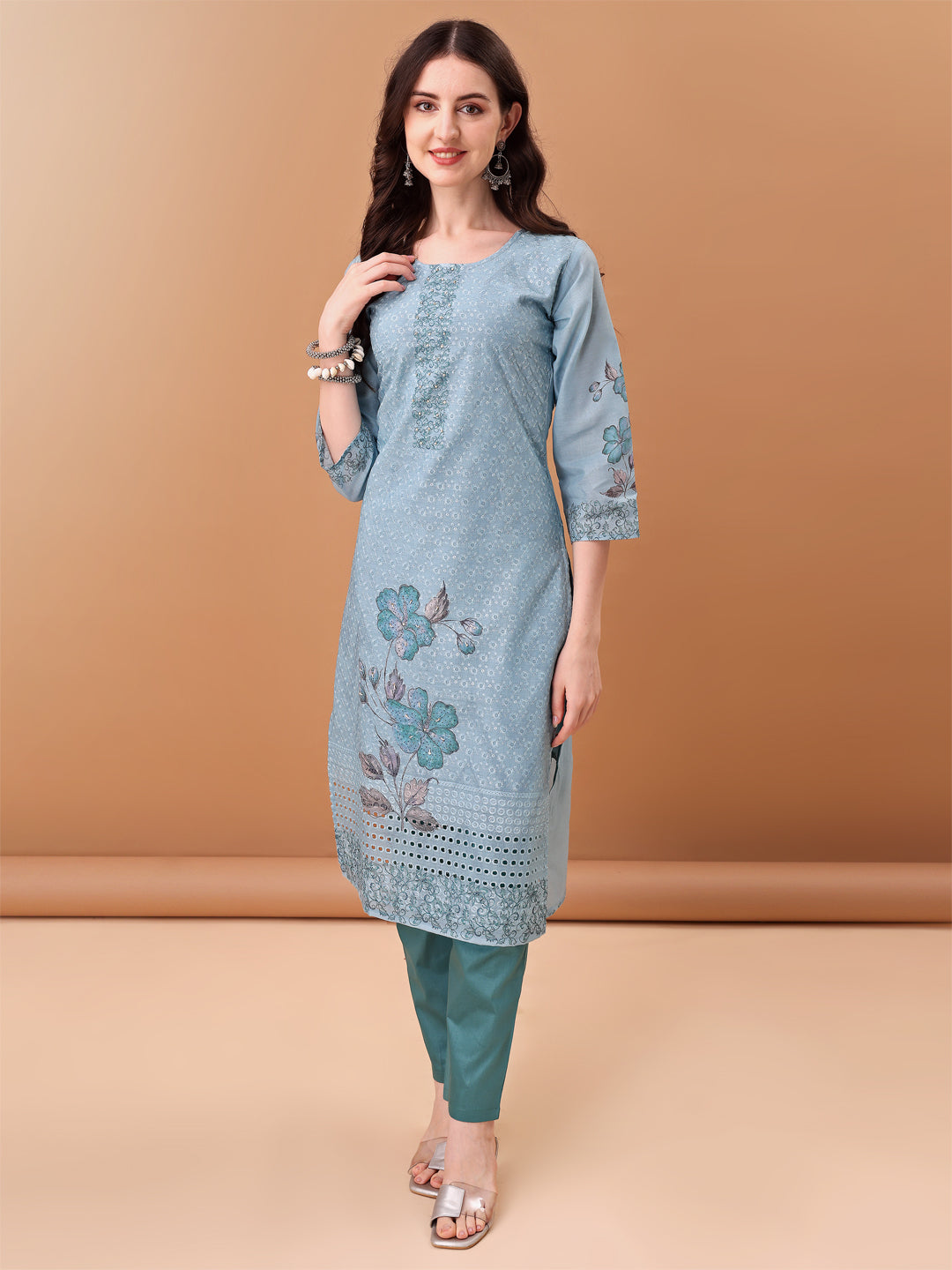 Hand Embroidered,Schiffli & Printed Kurta With Pant & Printed Dupatta, Blue - Hiral Fashion