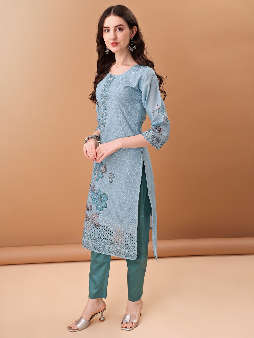 Hand Embroidered,Schiffli & Printed Kurta With Pant & Printed Dupatta, Blue - Hiral Fashion