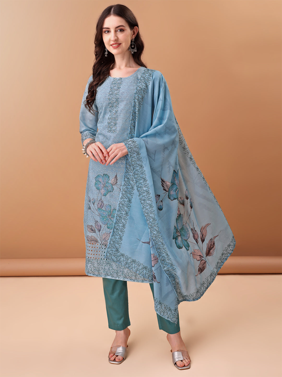 Hand Embroidered,Schiffli & Printed Kurta With Pant & Printed Dupatta, Blue - Hiral Fashion