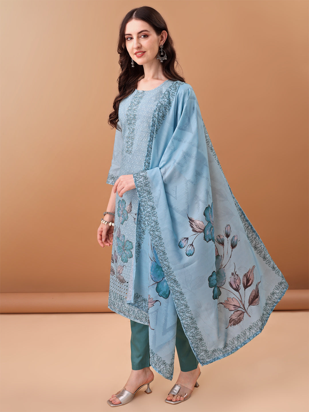Hand Embroidered,Schiffli & Printed Kurta With Pant & Printed Dupatta, Blue - Hiral Fashion