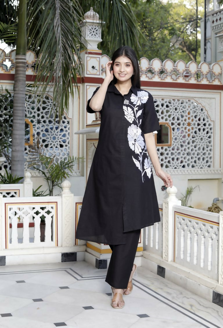 Miravan Women's Black Pure Cotton Floral Embroidered High Low Co-Ord Set 