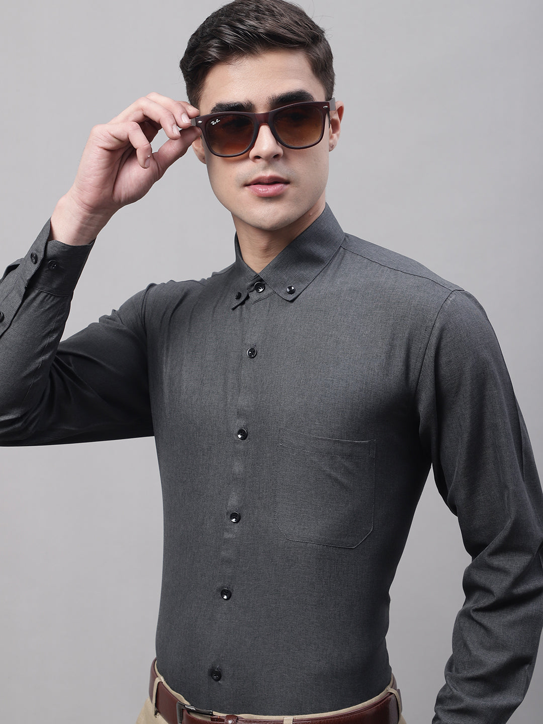 Jainish Men's Charcoal Cotton Solid Formal Shirt