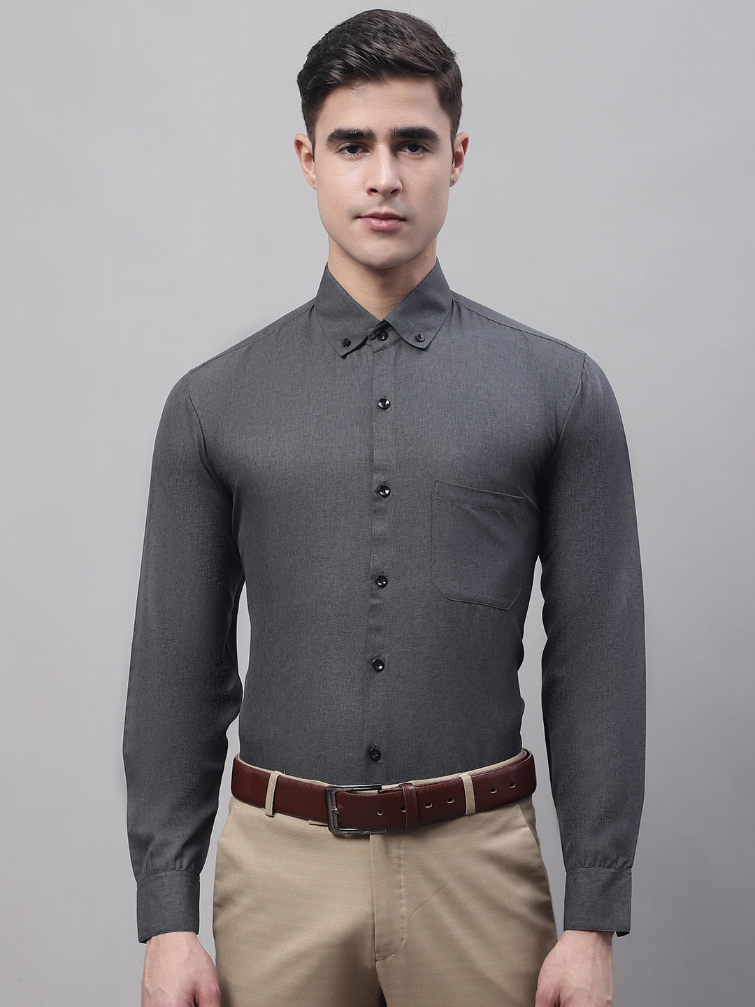 Jainish Men's Charcoal Cotton Solid Formal Shirt