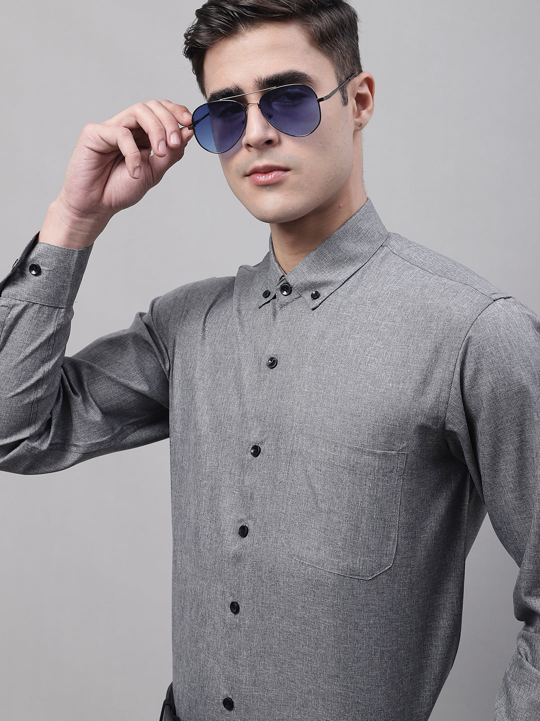 Jainish Men's Dark-Grey Cotton Solid Formal Shirt