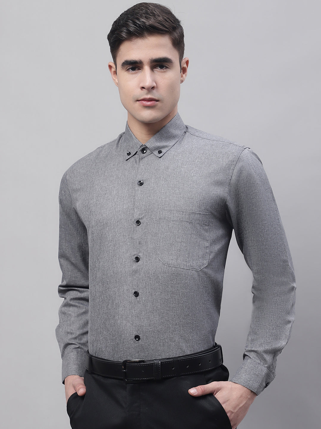 Jainish Men's Dark-Grey Cotton Solid Formal Shirt