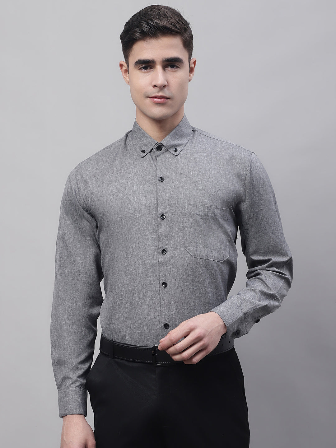 Jainish Men's Dark-Grey Cotton Solid Formal Shirt