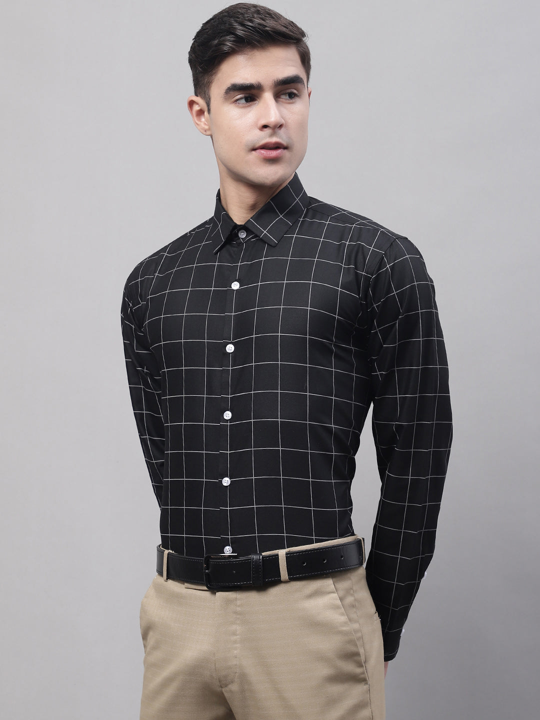 Jainish Men's Black Cotton Checked Formal Shirt