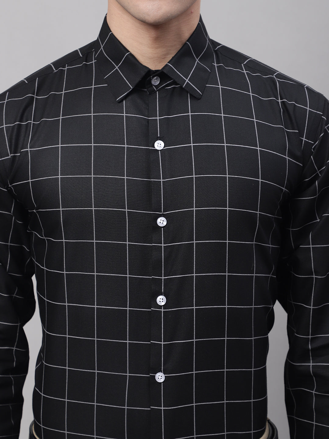 Jainish Men's Black Cotton Checked Formal Shirt