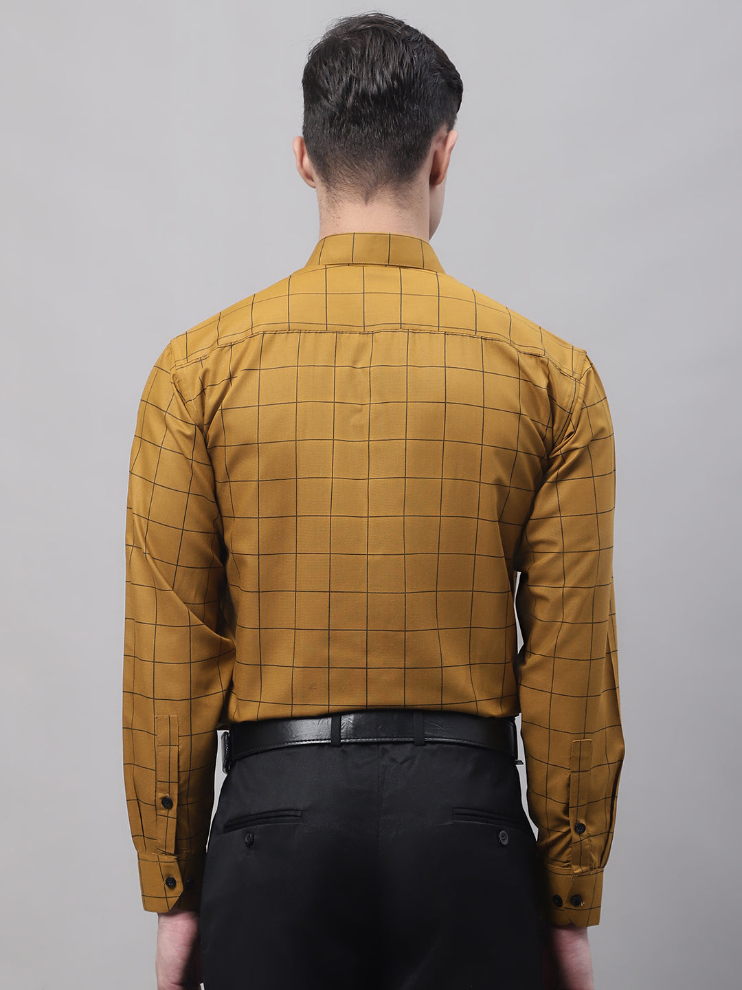 Jainish Men's Mustard Cotton Checked Formal Shirt