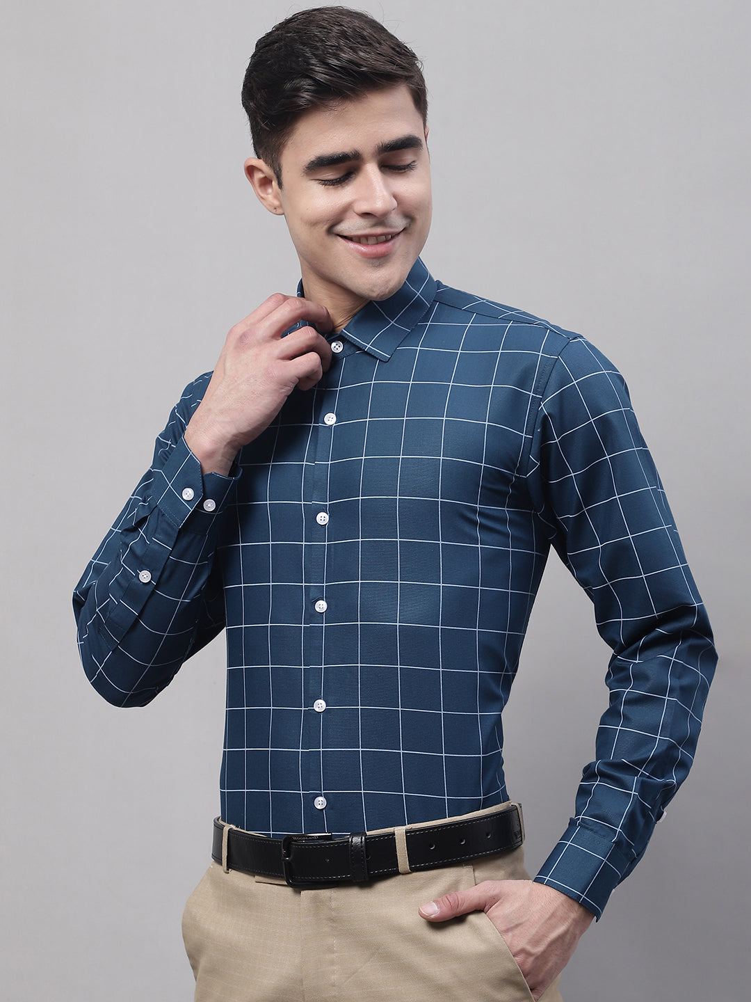 Jainish Men's Teal Blue Cotton Checked Formal Shirt