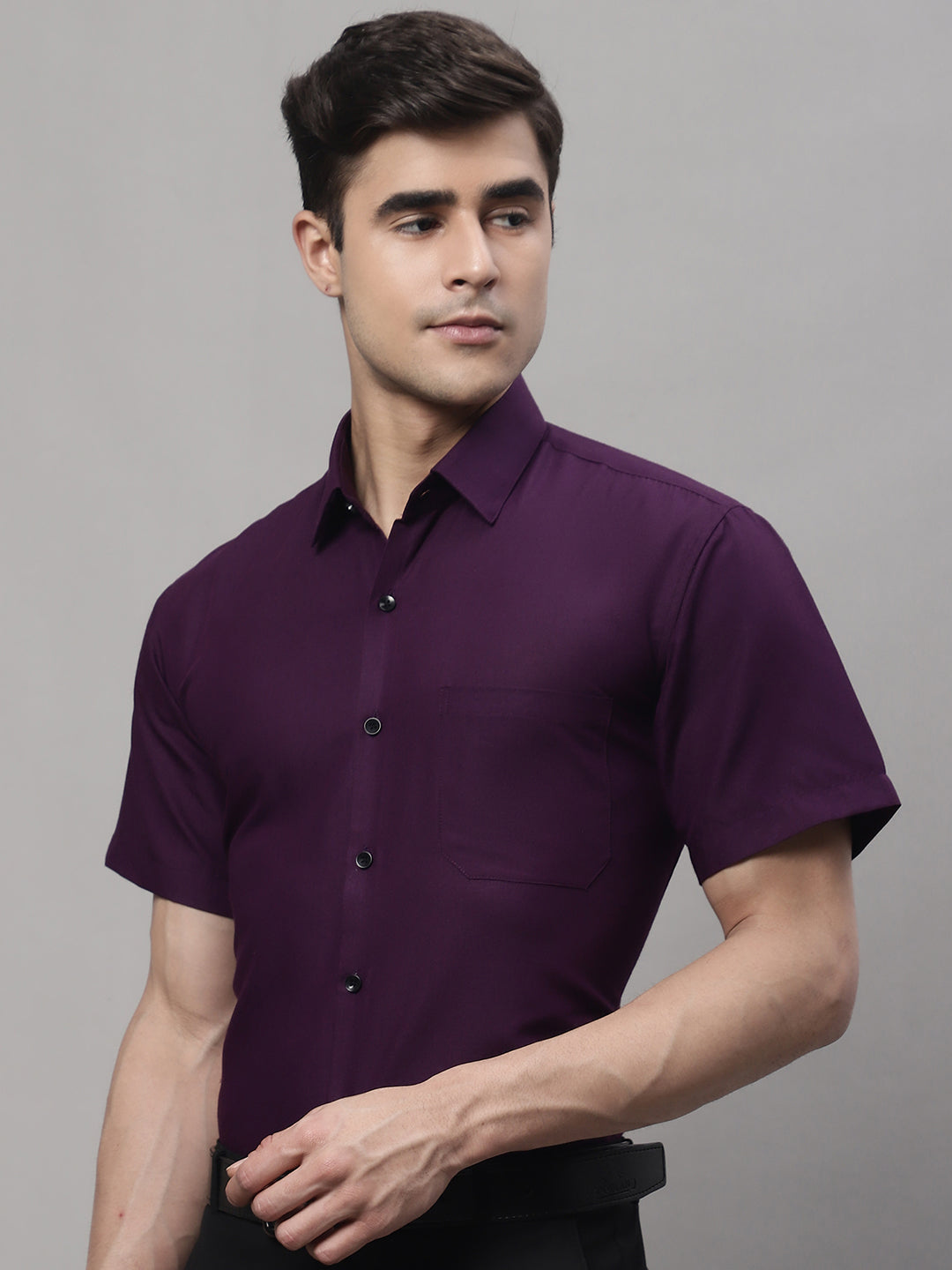 Jainish Men's Cotton Half Sleeves Solid Formal Shirts - Wine
