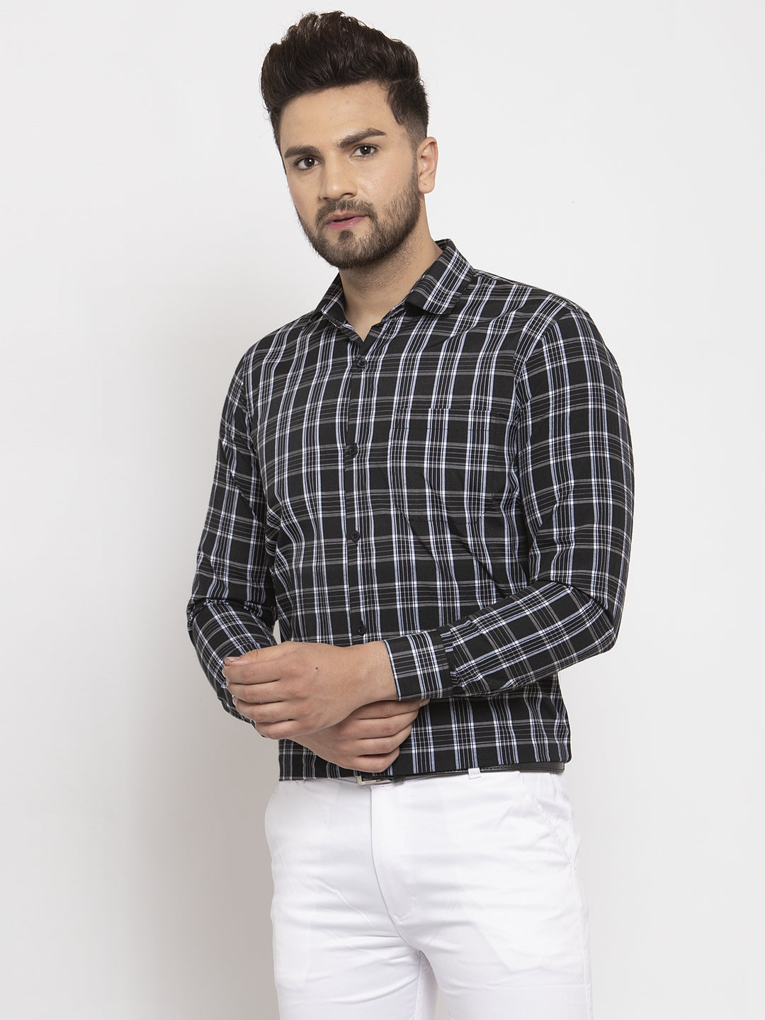 Jainish Black Men's Cotton Checked Formal Shirt's ( SF 764Black ) 