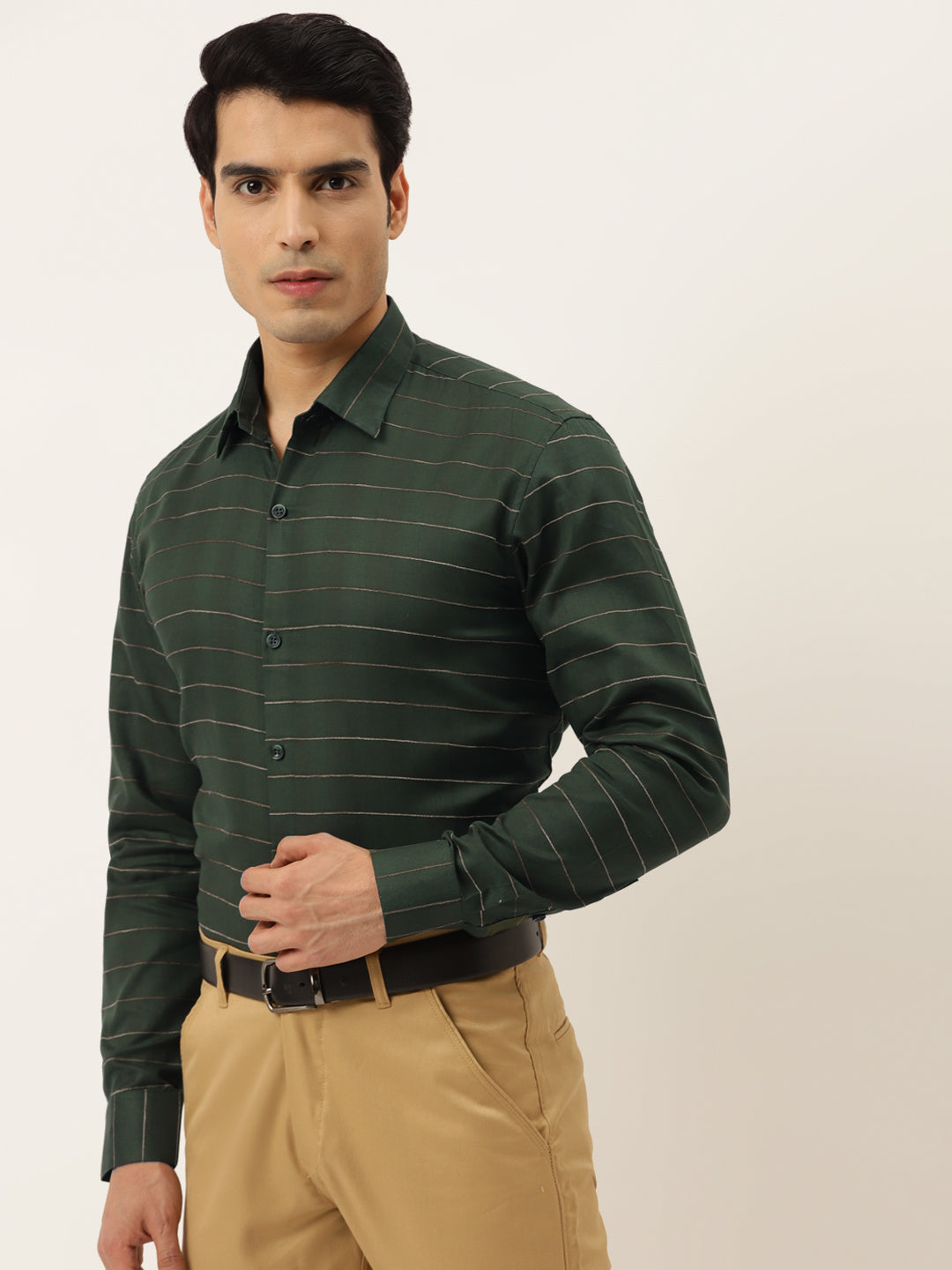 Jainish Men's Formal Cotton Horizontal Striped Shirt ( SF 790Olive )