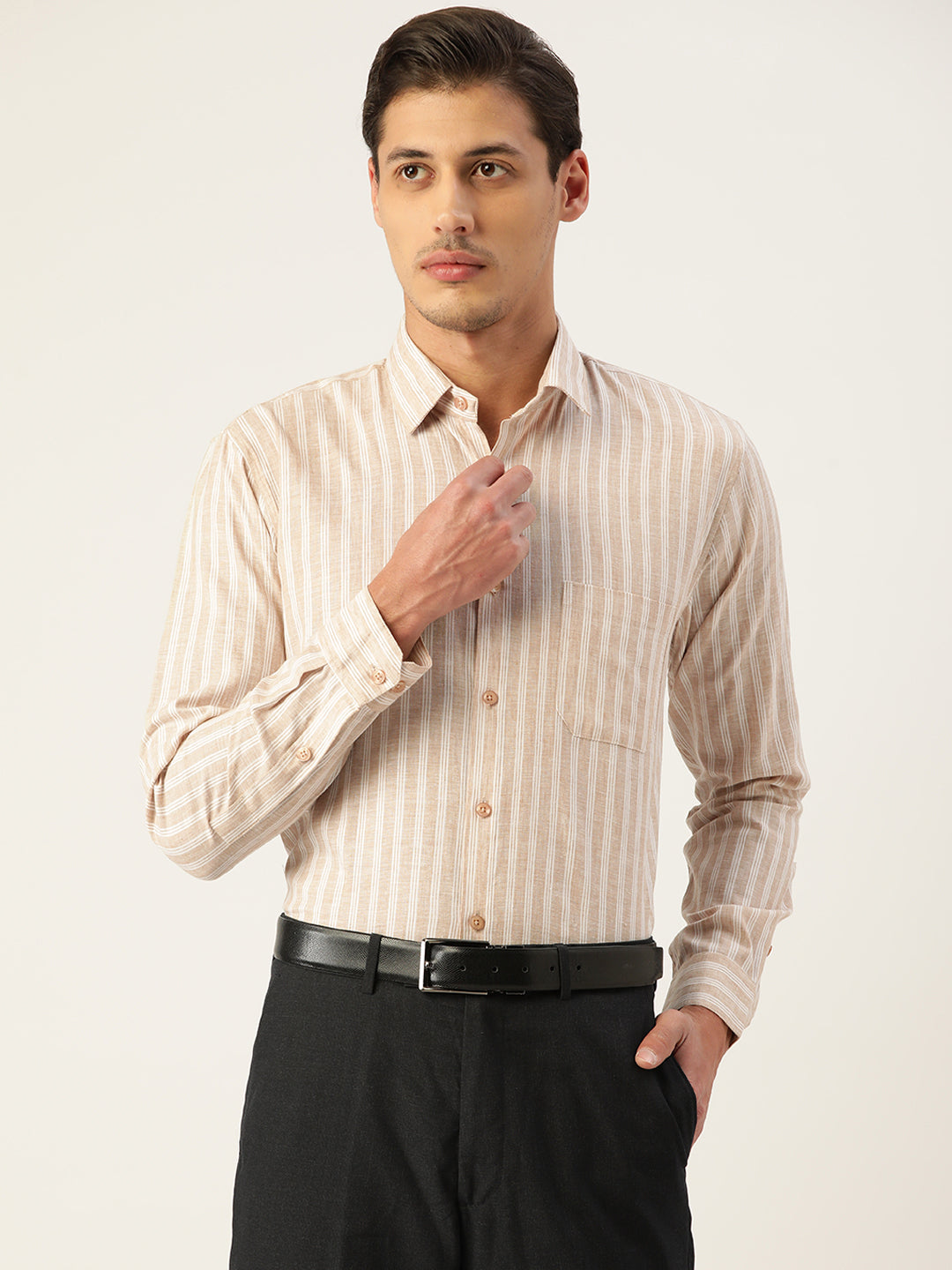 Jainish Men's Cotton Striped Formal Shirts ( SF 795Beige )