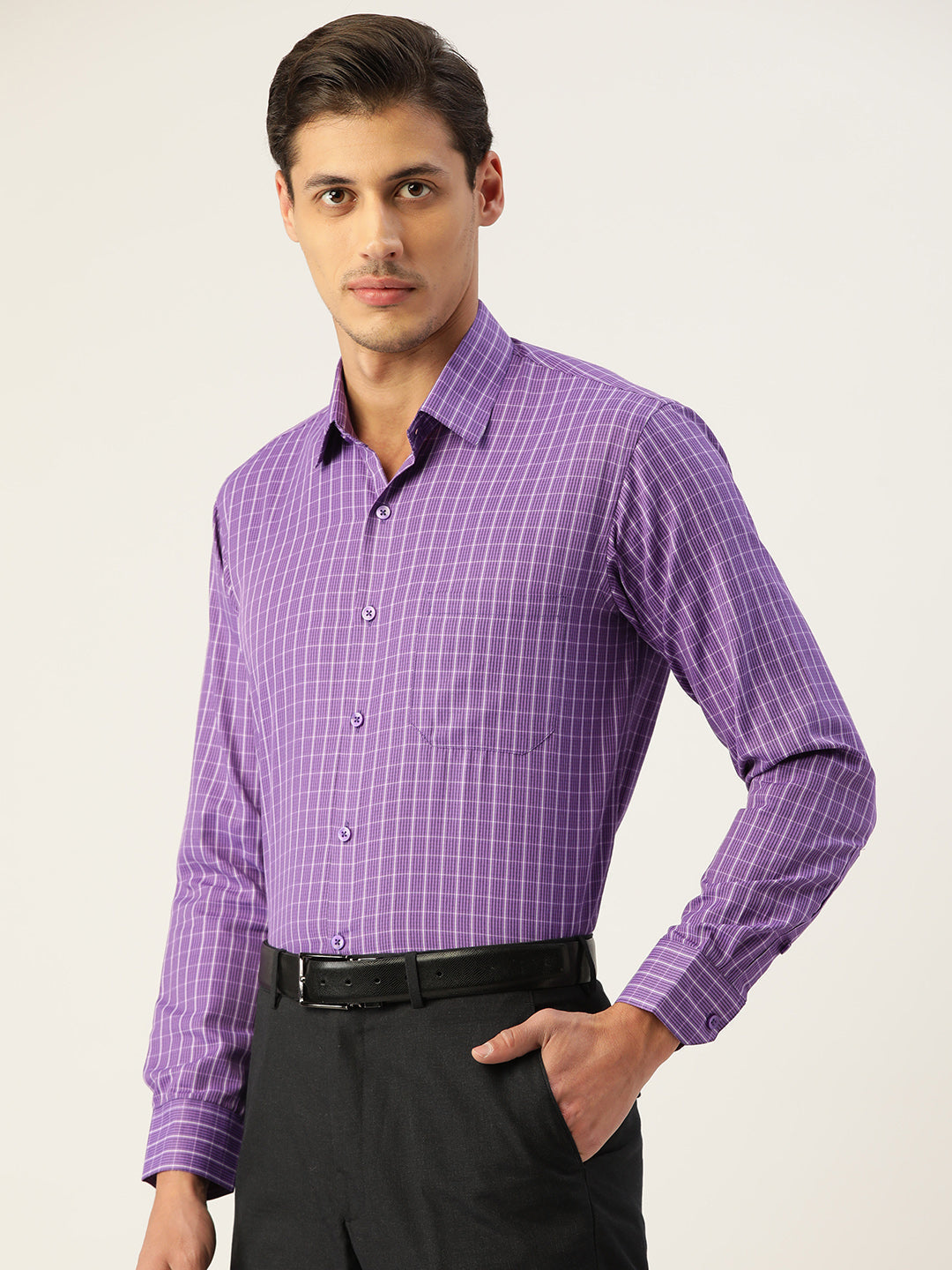 Jainish Men's Cotton Checked Formal Shirts ( SF 800Voilet )