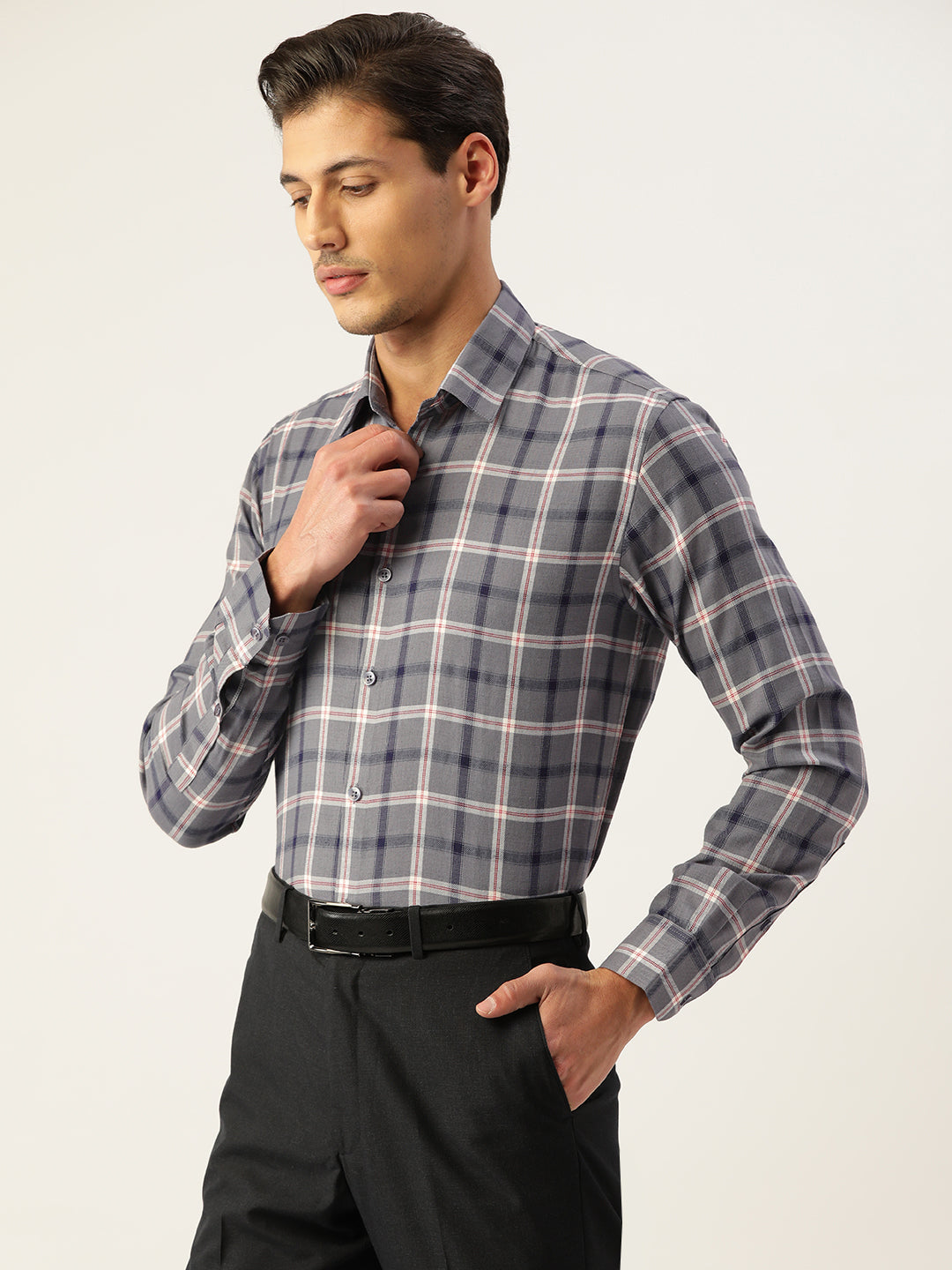 Jainish Men's Cotton Checked Formal Shirts ( SF 803Grey )