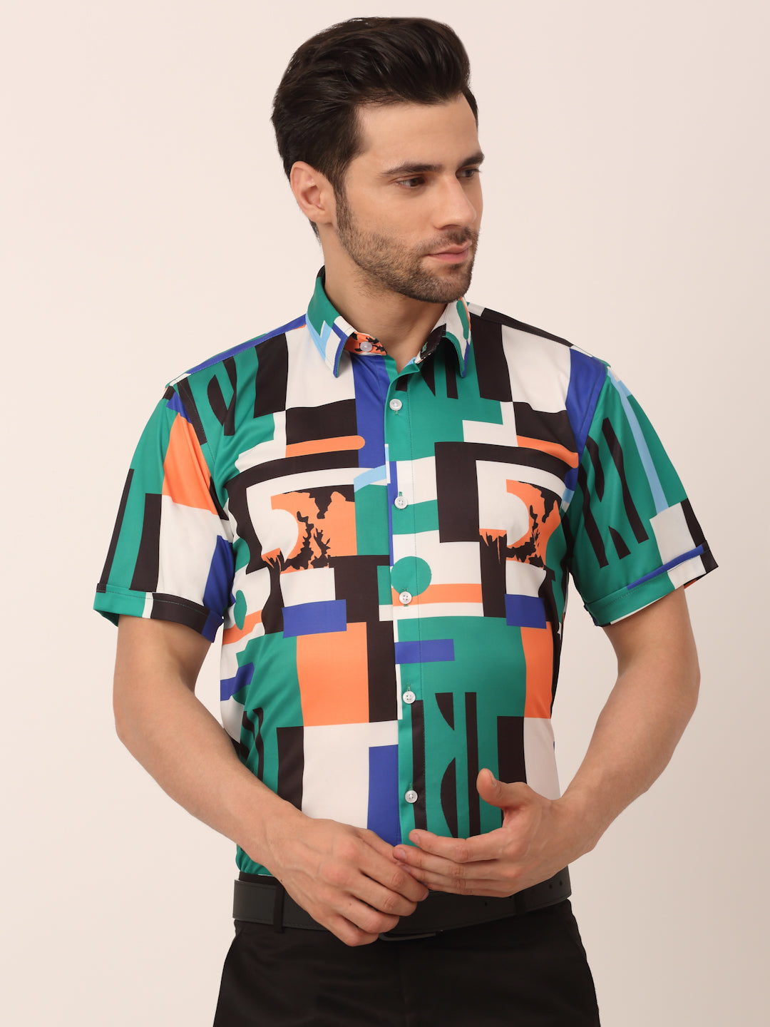 Jainish Men's Lycra Printed Half Sleeve Formal Shirts ( SF 814Green ) 