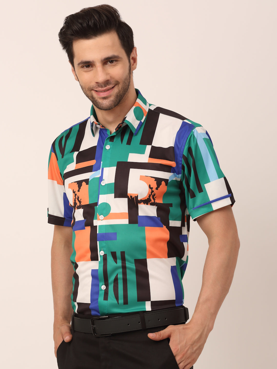 Jainish Men's Lycra Printed Half Sleeve Formal Shirts ( SF 814Green ) 