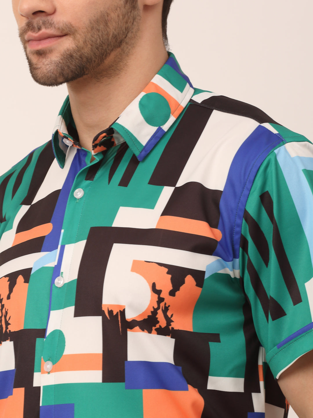Jainish Men's Lycra Printed Half Sleeve Formal Shirts ( SF 814Green ) 